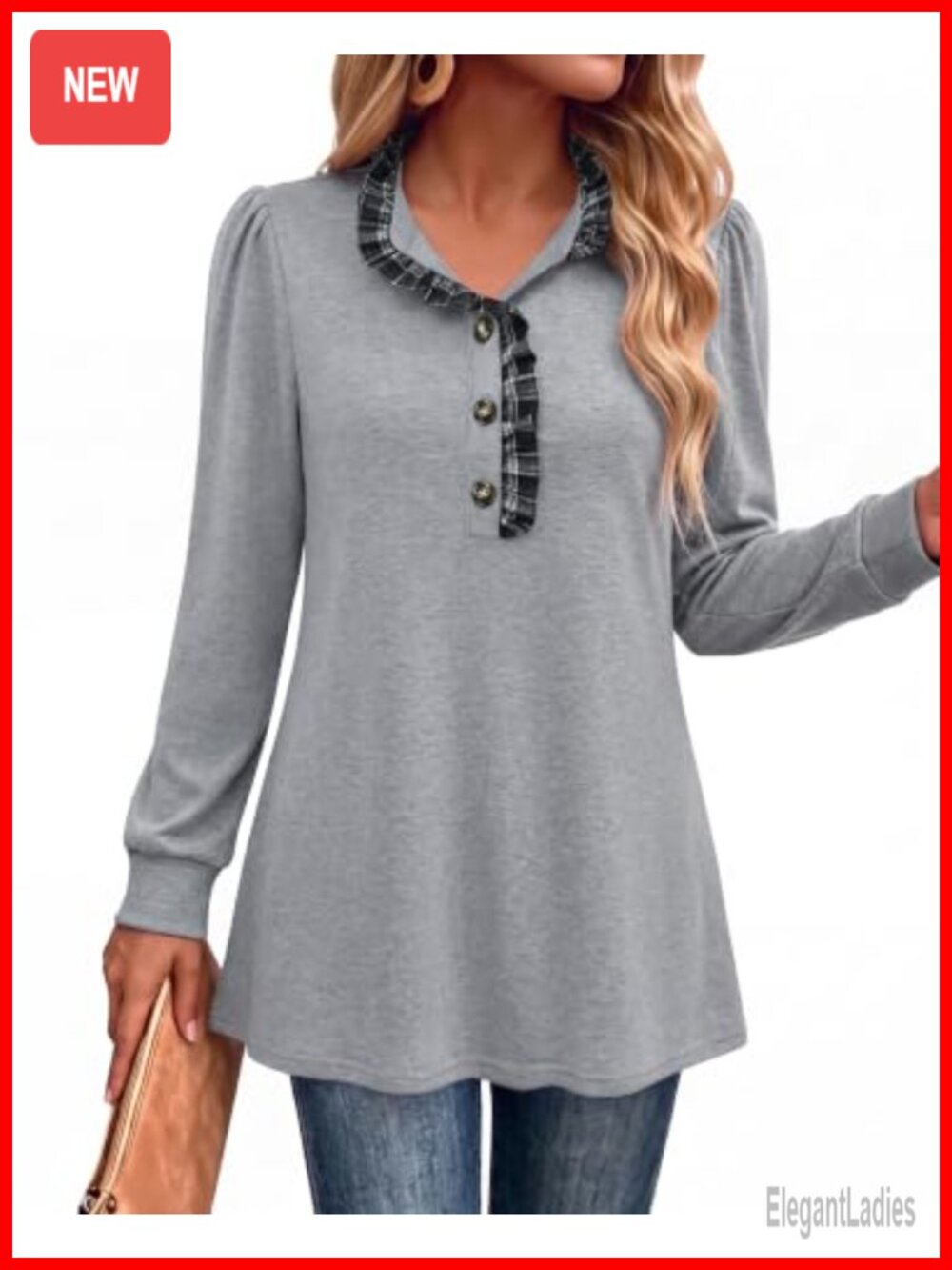 Women's Long Sleeve Tunic Sweater Button Ruffle Stand Collar A-Line Knit Top